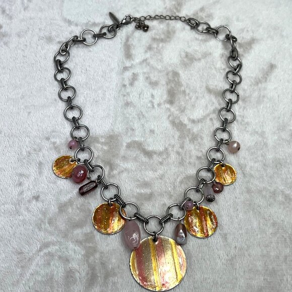 Avenue Chunky Dangle Necklace Silver Tone Orange Yellow Pink Beaded Link Chain - Picture 5 of 7